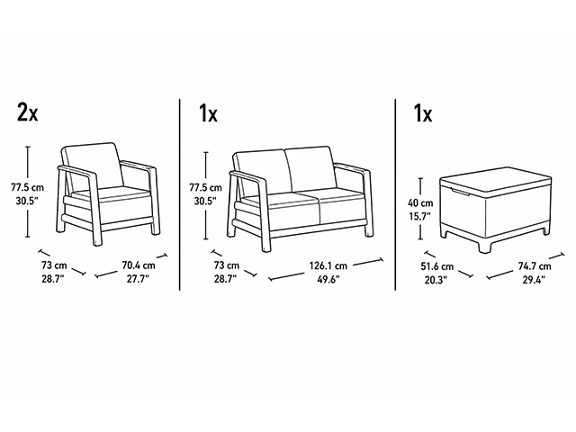 Set mobilier Scandi Linea 4 unitati: masa 51.6X74.7X40 cm, 2 fotoli 70.4X73X77.5 cm, canapea,  gri/grafit