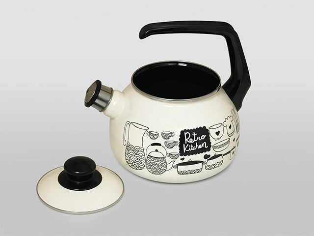 Ceainic emailat Retro D20 cm, 2.5 l, maner bachelit, cu fluier
