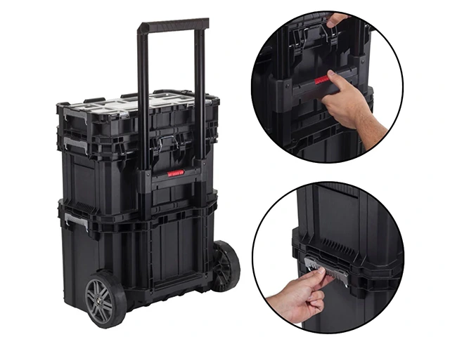 Set de depozitare si organizare instrumente Keter Connect 4 piese: carucior + 3 lazi