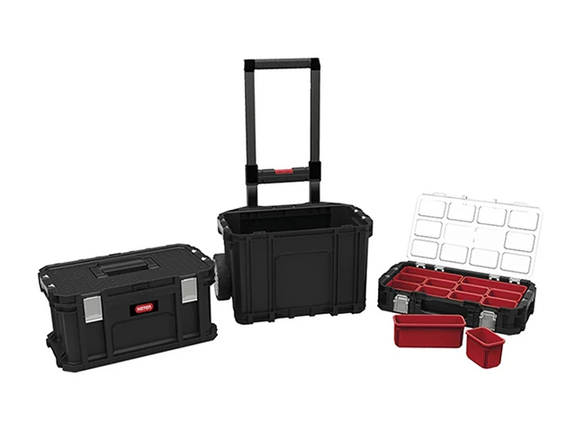 Set de depozitare si organizare instrumente Keter Connect 4 piese: carucior + 3 lazi