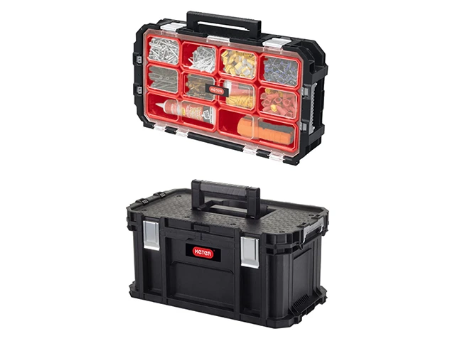 Set de depozitare si organizare instrumente Keter Connect 4 piese: carucior + 3 lazi