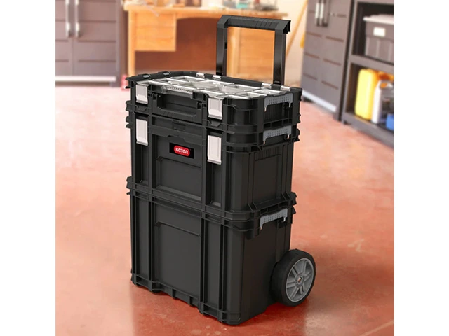 Set de depozitare si organizare instrumente Keter Connect 4 piese: carucior + 3 lazi