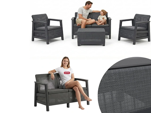 Set mobilier Scandi Linea 4 unitati: masa 51.6X74.7X40 cm, 2 fotoli 70.4X73X77.5 cm, canapea,  gri/grafit