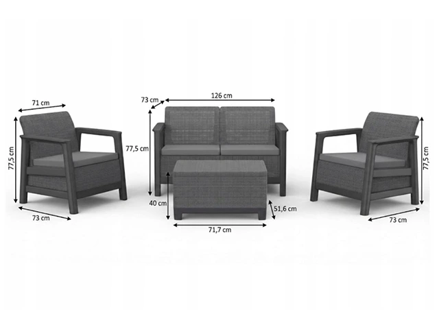 Set mobilier Scandi Linea 4 unitati: masa 51.6X74.7X40 cm, 2 fotoli 70.4X73X77.5 cm, canapea,  gri/grafit