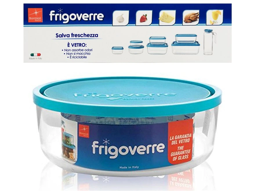 Recipient cu capac Frigovere 3,1L, D23cm, sticlă, transparent/albastru 
