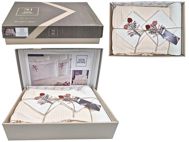Lenjerie de pat 2 persoane NH Pike Cream cu broderie: cuvertura de pat, cearsaf, 4 huse p/u perna