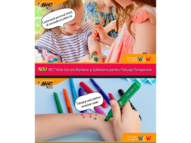 Set markere pentru tatuaje temporare BIC Kids, 6 buc + 10 sabloane