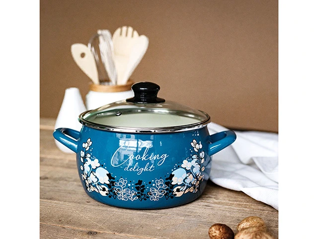 Cratita emailata Blue 24cm, 7.5l, capac din sticla