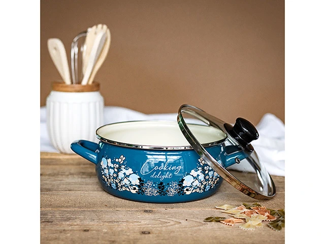 Cratita emailata Blue 16cm, 1.5l, capac din sticla