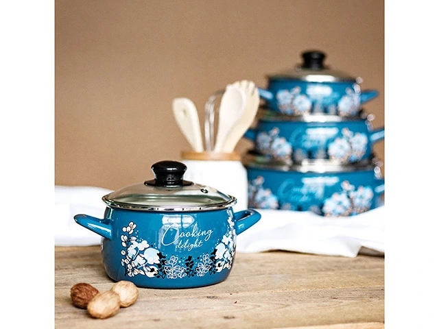 Cratita emailata Blue 20cm, 4.2l, capac din sticla