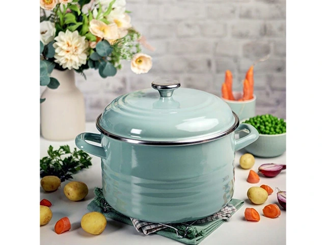 Cratita emailata Waves Green 20 cm, 4 l, capac din metal