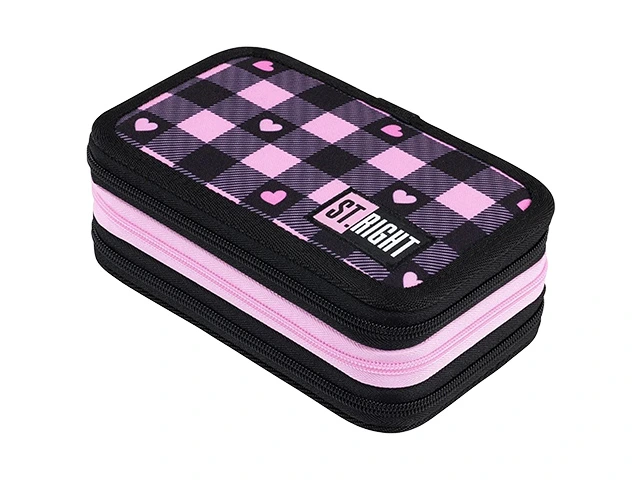 Penar echipat cu 3 fermoare 19.5X13X6 cm Pink Checkered, textil