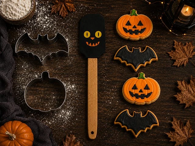 Set de patiserie Halloween: spatula din silicon cu maner din lemn + 2 forme