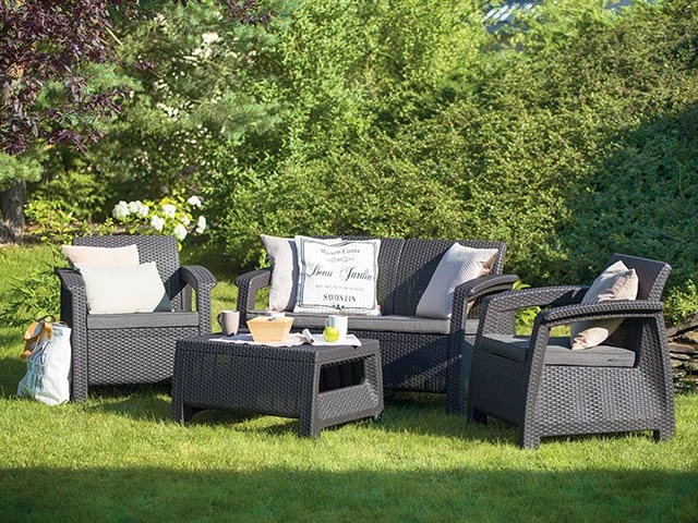 Set mobilier Corfu 4 piese: canapea, 2 fotolii, masa/perne, gri grafit-deschis