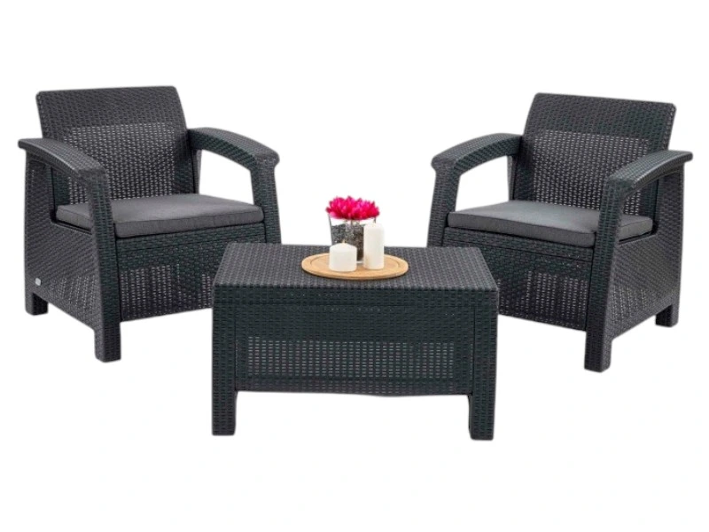 Set mobilier Corfu 5 unitati: masa 77X57X42 cm, 2 fotoli 75X70X79 cm, 2 perne, gri