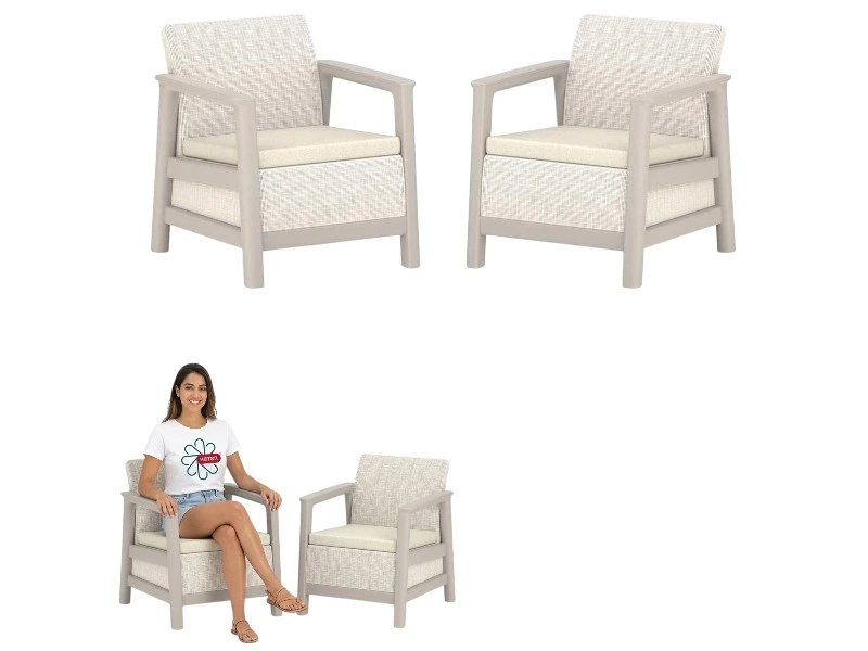 Set mobilier Scandi 5 unitati: masa 52X75X40 cm, 2 fotoli 70X73X77 cm, 2 perne, bej