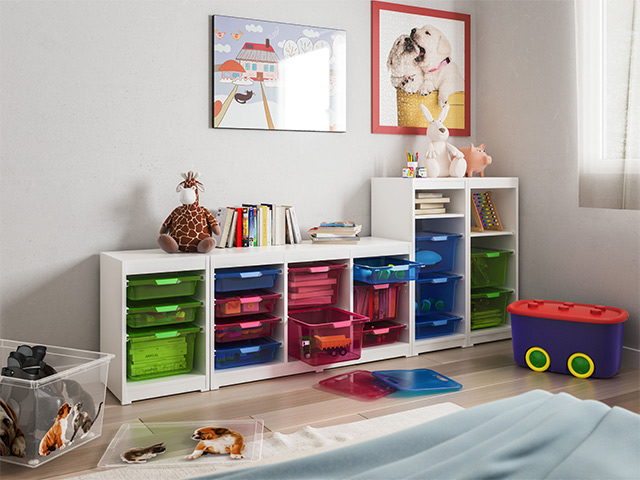 Cutie pentru jucarii KIS 46l, 58X39XH32cm, cu rot, rosu/albastru