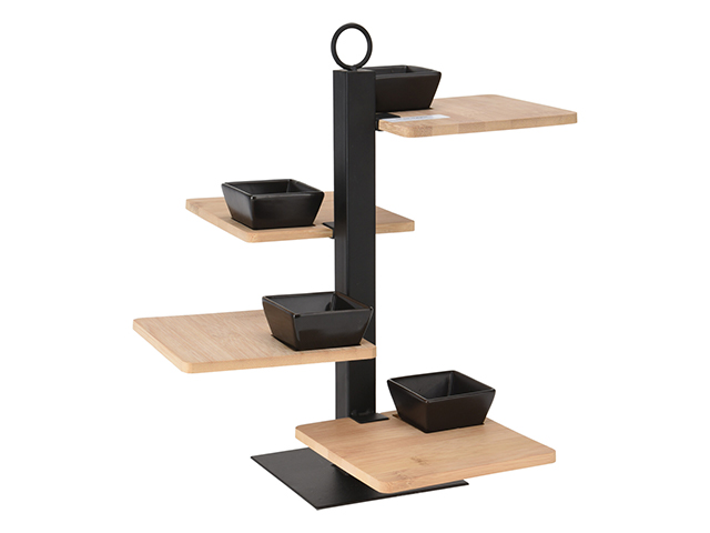 Suport de servire 4 nivele 37X32cm si 4 boluri, bambus/metal