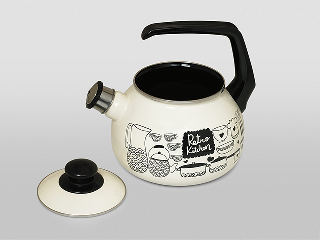 Ceainic emailat Retro D20 cm, 2.5 l, maner bachelit, cu fluier