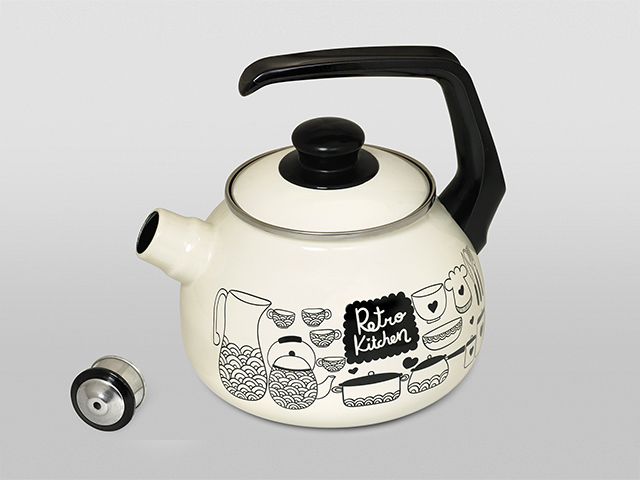 Ceainic emailat Retro D20 cm, 2.5 l, maner bachelit, cu fluier