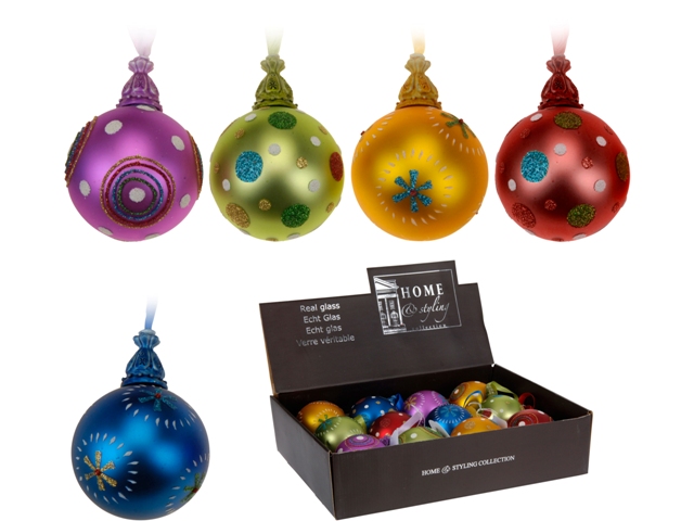 Glob pentru brad din sticla 80mm stil scotian/fulgi