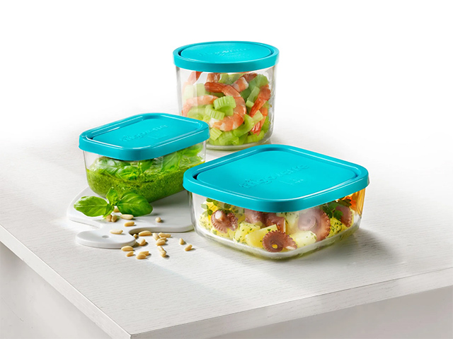Recipient cu capac Frigovere 0,8L, sticlă, transparent/albastru 