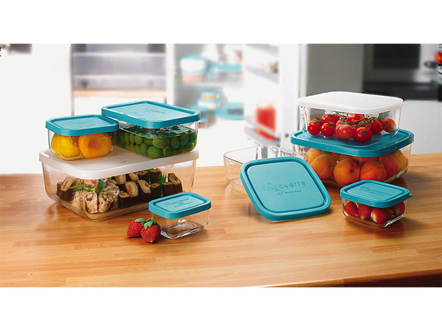 Recipient cu capac Frigovere 1,4L, sticlă, transparent/albastru 