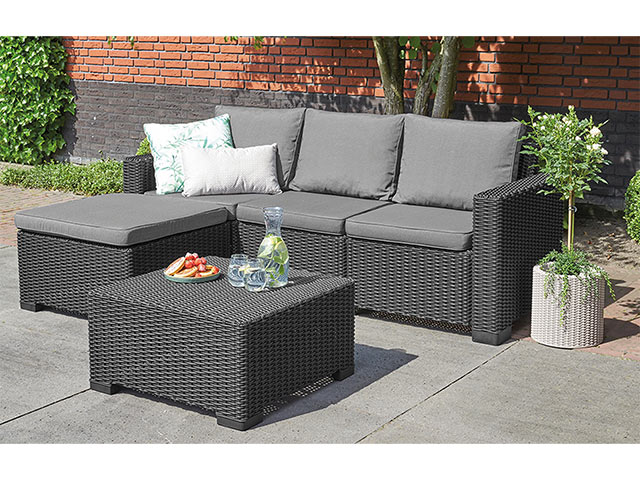 Set mobilier California 3 piese: canape, masa, suport pentru picioare/perne, grafit